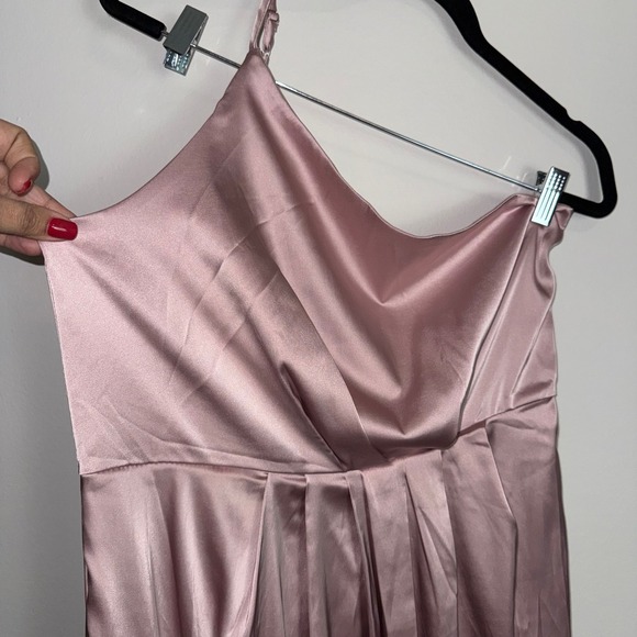 Rose Pink Elegant Satin One Shoulder Midi Dress Draped Asymmetrical Hem Size M - Picture 4 of 6